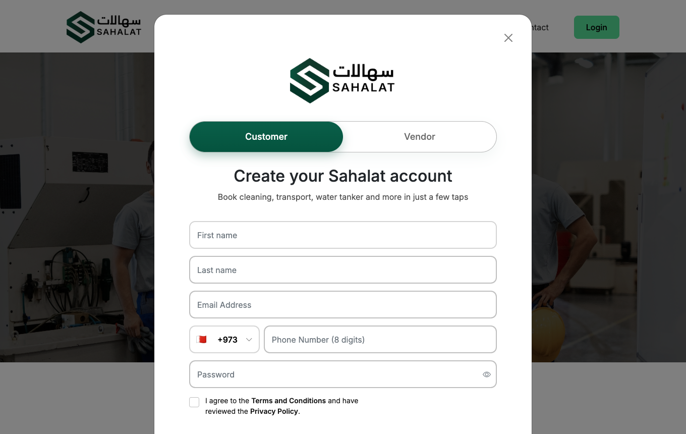 The sign-up form asks for your name, email, mobile number and a password.